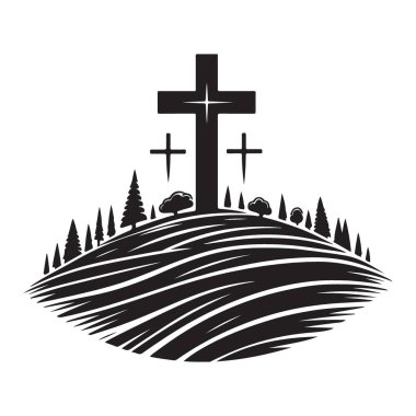 Siluet Calvary Tepesi ve Haçlar ve Ağaçlar sembolik illüstrasyon