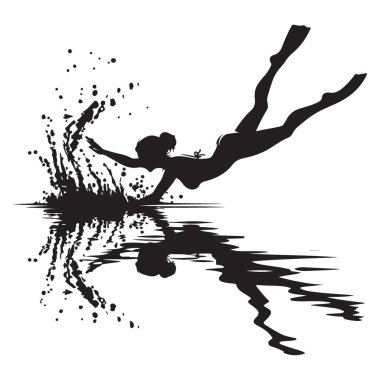 Derin Okyanus Sahnesinde Dalgıç Silueti Vektör İllüstrasyonu