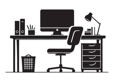 Bilgisayarlı ve Aksesuar Vektörlü Minimalist Ofis Masası Silueti