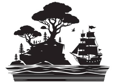 Korsan Gemisi Silueti Siyah Vektör Resimli Majestic Adası
