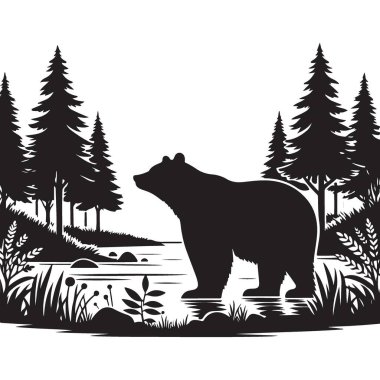 Ormanda Ayının Silueti Göl Vektörü Grafik ResimleriName