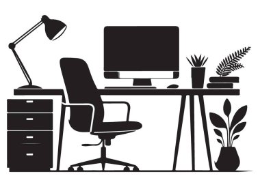 Modern Çalışma İstasyonu Elementleriyle Çağdaş Ofis Masası Silüeti