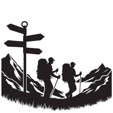 Dağ Manzarası ve Yön İşareti içeren Yürüyüş Macerasının Silüeti