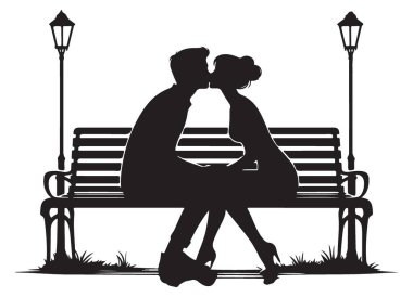 Lamplight Altında Romantik Çift Öpüşme Benç Siluet Vektör İllüstrasyonu