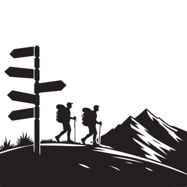 Dağ İzlerini Keşfeden Yürüyüşçüler Macera Turizmi İçin Siluet Vektör İllüstrasyonu