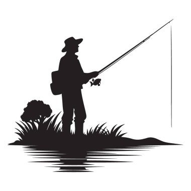 Nehir Kıyısı Vektör İllüstrasyonunda Duran Balıkçı Silueti