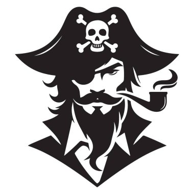 Boru ve Kafatası Şapkalı Klasik Siluet Korsanı Grafik Vektör Tasarımı