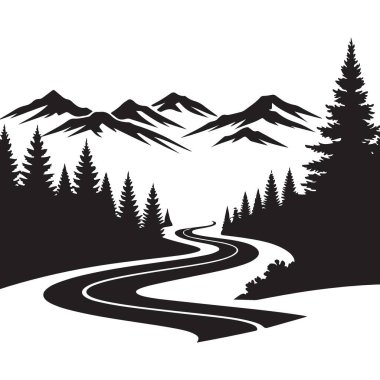 Evergreen Trees Manzaralı Manzaralı Dağ Yolu Çizimi