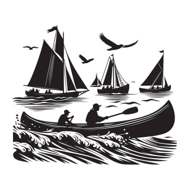 Suyun Üzerinde Tekne ve Kanolarla Yelkenli Macera Çizimi