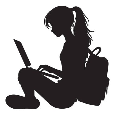 Laptop ve Sırt Çantası Çalışan Vektör Resimleriyle Öğrenci Silueti