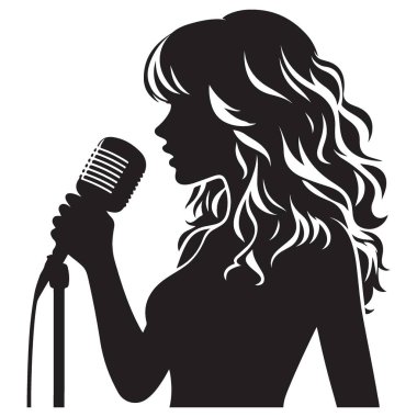 Mikrofon Vektörü İllüstrasyonlu Kadın Şarkıcının Silueti