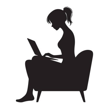 Sandalye Vektörü Grafiğinde Otururken Dizüstü Bilgisayarı Kullanan Kadın Silueti