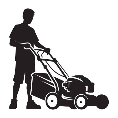 Siluet Adam Bahçe Bakım Hizmetleri için Çim biçme Vektörü İllüstrasyonu