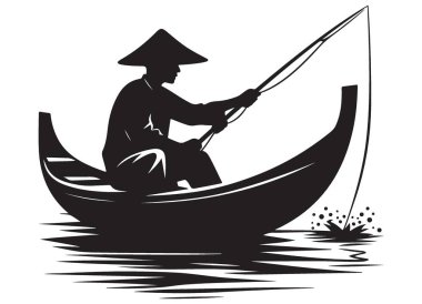 Asyalı Balıkçı 'nın Silueti Rod ve Reel Waterscape ile Balıkçı Teknesi