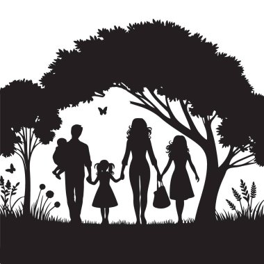 Aile Silueti Doğa Vektörü İllüstrasyonunda Yürüyor