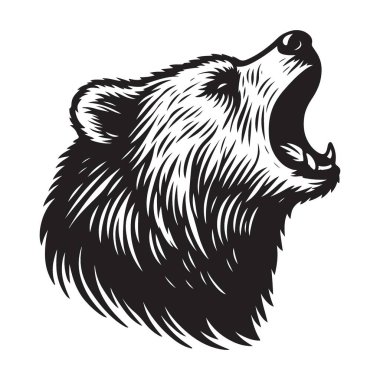 Kükreyen Ayı Başı Silueti Ayrıntılı Siyah ve Beyaz Vektör Resimleri