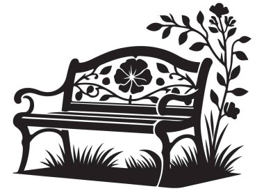 Park Bench Siluet Vektörü Çiçek ve Bitkilerle İllüstrasyon