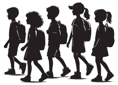 Okul çocuklarının silueti Sırt çantaları taşıyıcı illüstrasyonuyla yürüyor