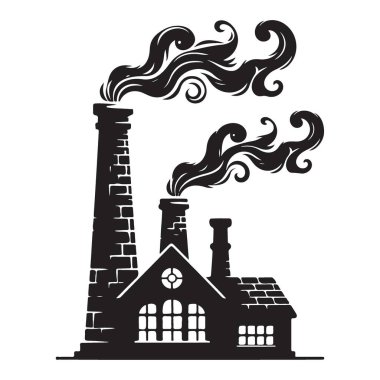 Antika Fabrika Binası Siluet Vektör İllüstrasyon Endüstri Teması