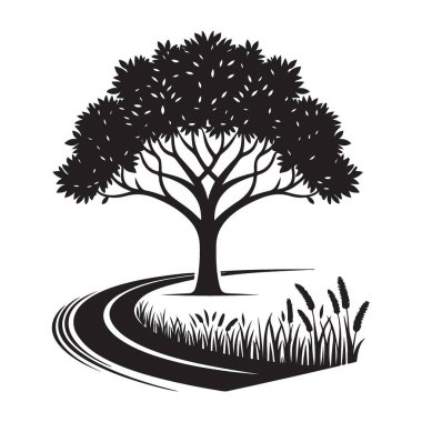 Dolambaçlı yolu olan sakin ağaç manzarası sakin doğa vektörü çizimi