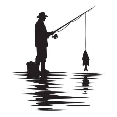 Balıkçı Silueti Serene Water Scenery 'de Balık Yakalıyor
