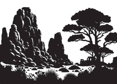 Çöldeki Dağ Manzarasının Engebeli Peyzaj Vektörü İllüstrasyonu