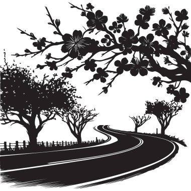 Çiçeklerle dolambaçlı yol siluet doğa macera vektörü