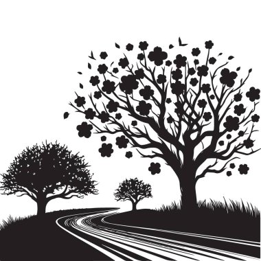 Doğa temalı tasarımlar için ağaç vektör illüstrasyonlu manzara yolu