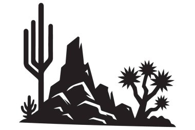 Kaktüs ve kayaların yer aldığı çöl manzarası silüeti vektör çizimi