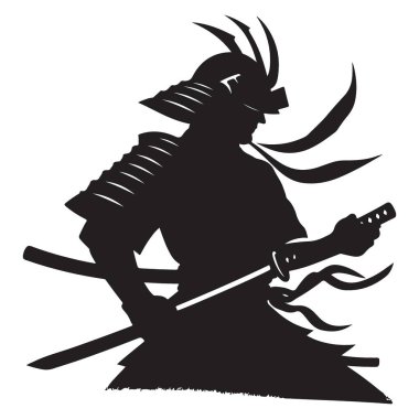 Samuray savaşçı silueti vektör çizimi katana kılıçları kullanıyor.