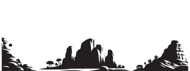Minimalist Siluet Manzarası Kayalar Ağaçlar ve Küçük Ev Vektör İllüstrasyonu