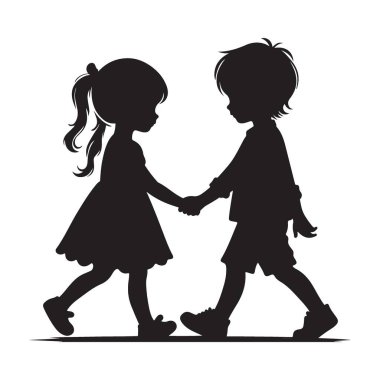 Siluet Genç Oğlan ve Kız Tutuşan Eller Vektör İllüzyonu