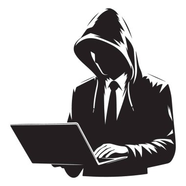 Siber Güvenlik Konsepti Laptop Çizimi ile Hacker Silueti