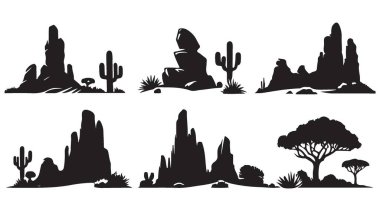 Siluet Çöl Peyzaj Kaya oluşumları ve Kaktüs Sahne Çizimi