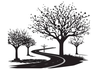 Siluet Viraj Yolu Ağaçların Arasında Manzara Çizimi Tasarımı