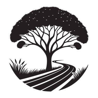 Ağaç yolu silueti peyzaj vektör tasarımı doğa damgası için mükemmel