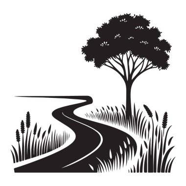 Ağaç ve Çimen Vektörü Manzaralı Görüntü Silueti Ülke Yolu