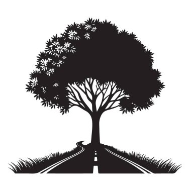 Ağaç Siluetine giden Yol Vektör İllüstrasyon Sahne Doğası Tasarımı