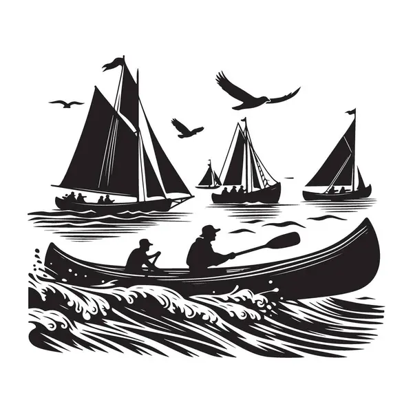 Suyun Üzerinde Tekne ve Kanolarla Yelkenli Macera Çizimi