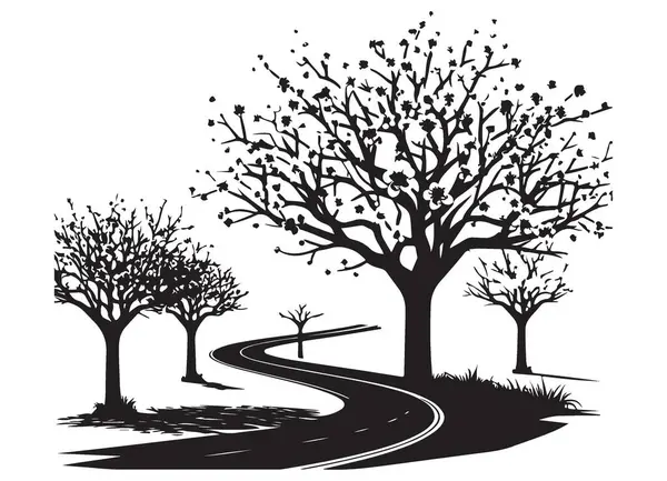 Siluet Viraj Yolu Ağaçların Arasında Manzara Çizimi Tasarımı