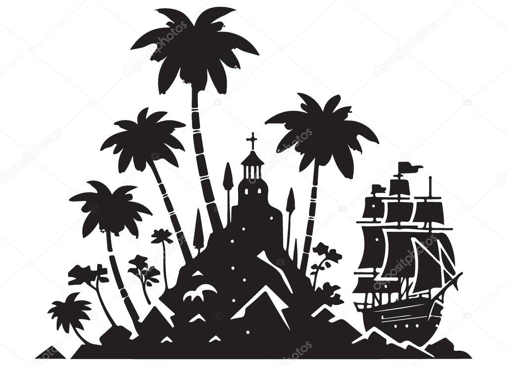 Tropical Island Silhouette with Pirate Ship Vector Paradise Design