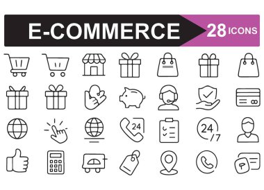 E-Ticaret Simgesi Çevrimiçi Alışveriş Tasarımı İçin 28 Vektör Simgesi Ayarla