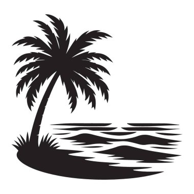 Plajda veya tropikal denizde siluet palmiye ağacı vektör çizimi
