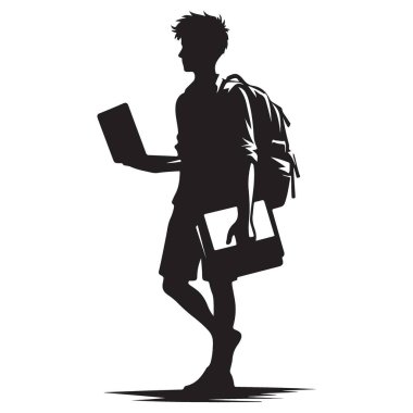 Kitaplar ve dizüstü bilgisayar vektör sanatı taşıyan bir öğrencinin silueti