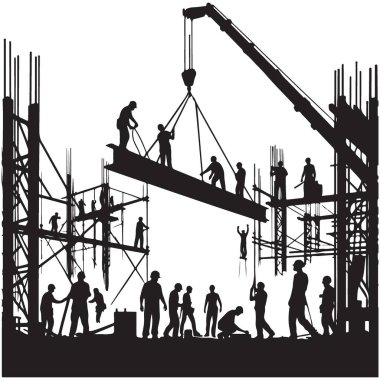 İnşaat inşaat işçileri siluet vektör illüstrasyonunda