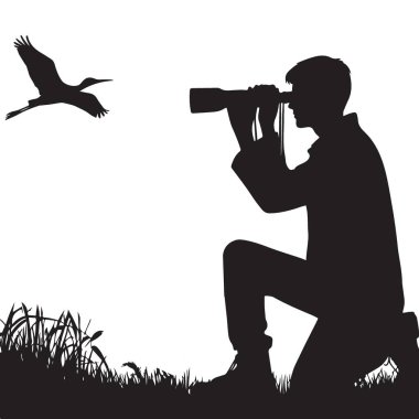 Siluet doğa fotoğrafçısı kuş resimleme vektörü görüntüsü yakalıyor