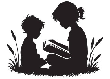 Çocuklar Kitap Silüet Resimlerini Okuyor Vektör Tasarım Elementi