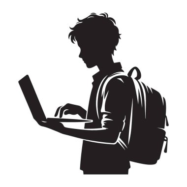 Sırt çantalı Siluet Öğrencisi Eğitim İçin Laptop Kullanıyor