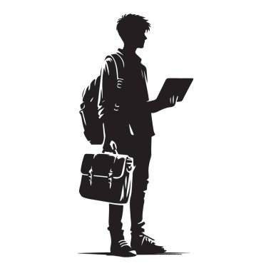 Sırt çantası ve Tablet Vektör İllüstrasyonlu Öğrenci Silueti