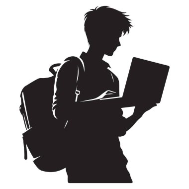 Siluet öğrencisi sırt çantası çizim vektör tasarımlı dizüstü bilgisayar tutuyor